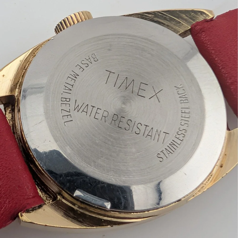 Vintage Timex Manual Wind Women's Gold Tone Cushion Case Watch Red Strap 24mm